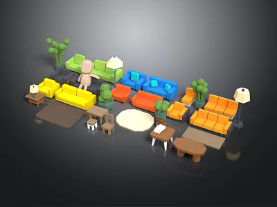 Modern Colorful Single Sofa Interior With Side Tables Lamps Plants And Round Carpet 3d model