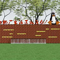 Red Brick Feature Wall With Lattice Design Carved Patterns And Trees 3d model