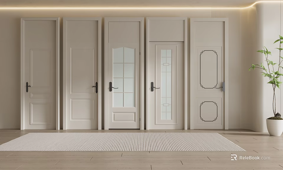 White Wooden Swing Doors with Glass Panels and Decorative Designs for Home Use 3d model 