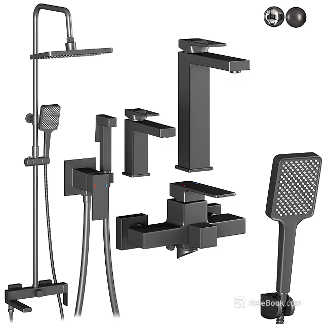 Modern Black Shower Faucet Set Including Handheld Sprayer Top Shower Head And Control Valves 3d model 