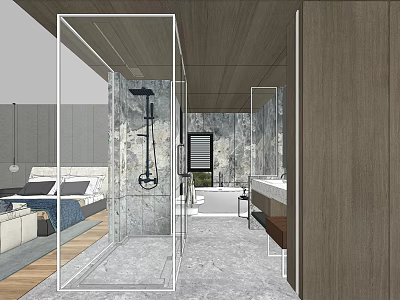 Modern Hotel Guest Room Interior With Marble Walls Glass Shower Wooden Cabinets And Bed 3d model
