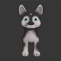 3D Modeled Husky Puppy With Blue Eyes Gray White Fur Standing On Black Background