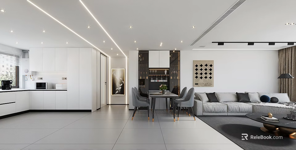 Modern Living Dining Room Interior With White Cabinets Dining Table Gray Chairs Sofa And Lighting 3d model 