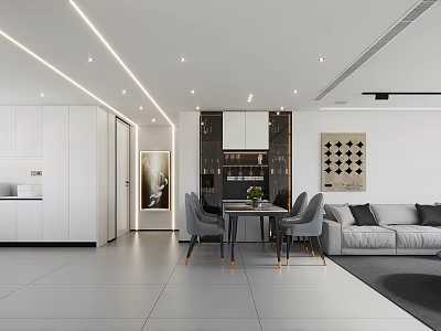 Modern Living Dining Room Interior With White Cabinets Dining Table Gray Chairs Sofa And Lighting 3d model