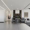 Modern Living Dining Room Interior With White Cabinets Dining Table Gray Chairs Sofa And Lighting