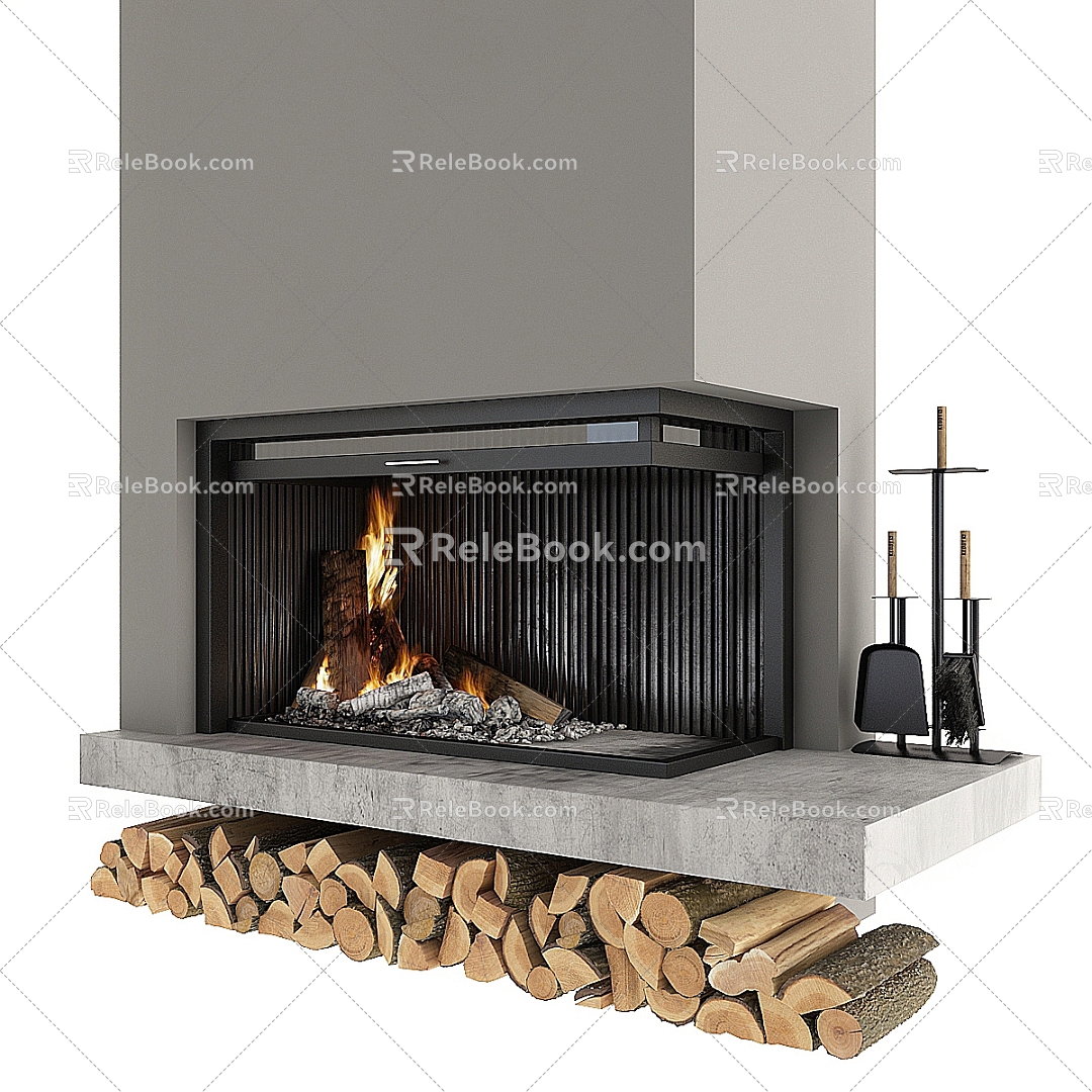 fireplace flame firewood pile 3d model