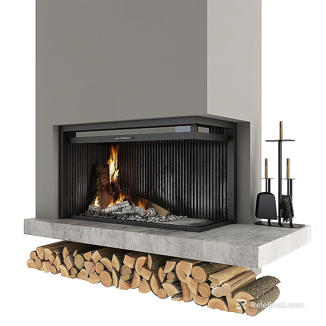 Modern Fireplace Design With Burning Fire Stacked Firewood And Metal Tools Gray Concrete Base 3d model 
