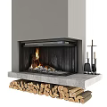 Modern Fireplace Design With Burning Fire Stacked Firewood And Metal Tools Gray Concrete Base