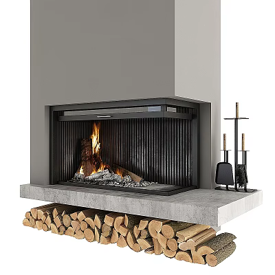 Modern Fireplace Design With Burning Fire Stacked Firewood And Metal Tools Gray Concrete Base 3d model