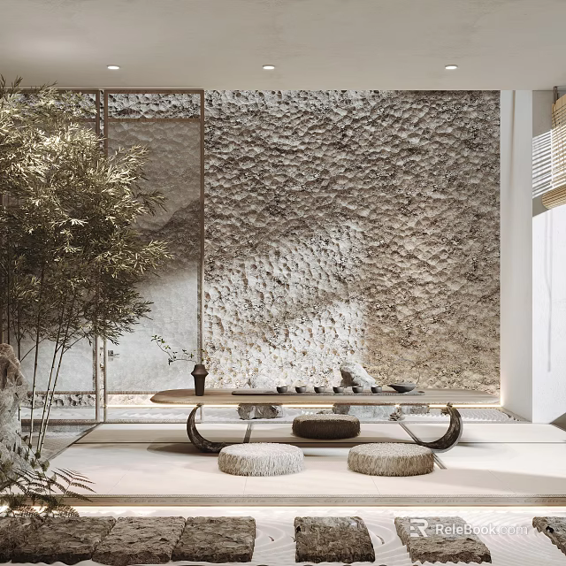 Tranquil Tea Room Interior With Textured Stone Wall Bamboo Decor And Round Seating Cushions 3d model 