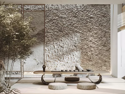 Tranquil Tea Room Interior With Textured Stone Wall Bamboo Decor And Round Seating Cushions 3d model
