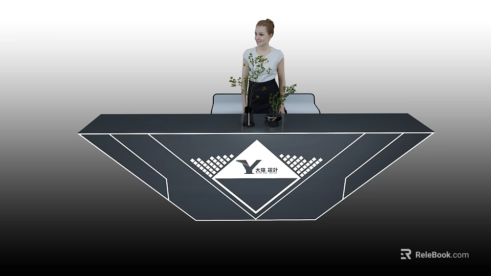 Woman Standing By Yongjie Wujian Display Table With Black Surface And Plants 3d model 