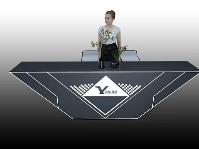 Woman Standing By Yongjie Wujian Display Table With Black Surface And Plants 3d model