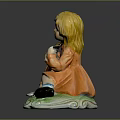 Cute Blonde Child Doll Playing Lute In Orange Dress On Green Base