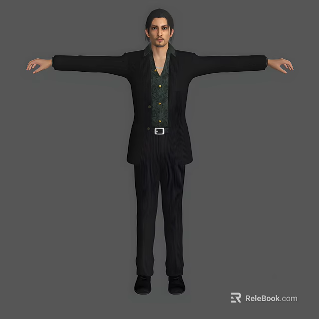 Man Wearing Black Suit Green Shirt And Black Pants With Arms Outstretched 3d model 