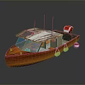 Vintage Wooden Boat With Rusted Metal Roof Red Lifebuoy And Blue Windows
