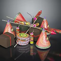 Festive Celebration Decorative Items With Colorful Firecrackers Cone Shaped Decorations And Drum Boxes