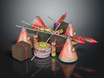 Festive Celebration Decorative Items With Colorful Firecrackers Cone Shaped Decorations And Drum Boxes 3d model