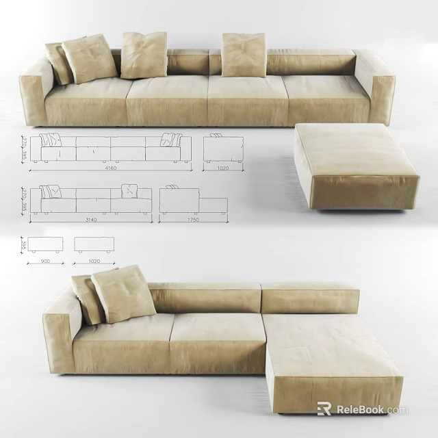 Beige Sectional Sofa Set With Multi View Design Drawings And Ottoman 3d model