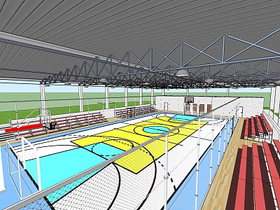 Indoor Basketball Gym Interior With Multiple Courts Red Seats And Metal Roof Structure 3d model