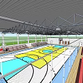 Indoor Basketball Gym Interior With Multiple Courts Red Seats And Metal Roof Structure