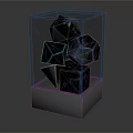 Decorative Ornament Set in Transparent Display Case with Dark Blue Polyhedral Pieces and Golden Texture