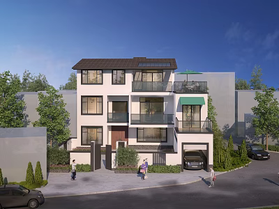 Modern Detached Villa Exterior With Multi Story Design Balconies And Greenery 3d model