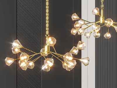 Golden Branch Shaped Chandelier With Transparent Glass Lampshades Illuminated On Dark Striped Wall 3d model