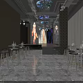 Modern Indoor Space With Dark Curtains Wooden Flooring Rows Of Tables Chairs And Ceiling Screens