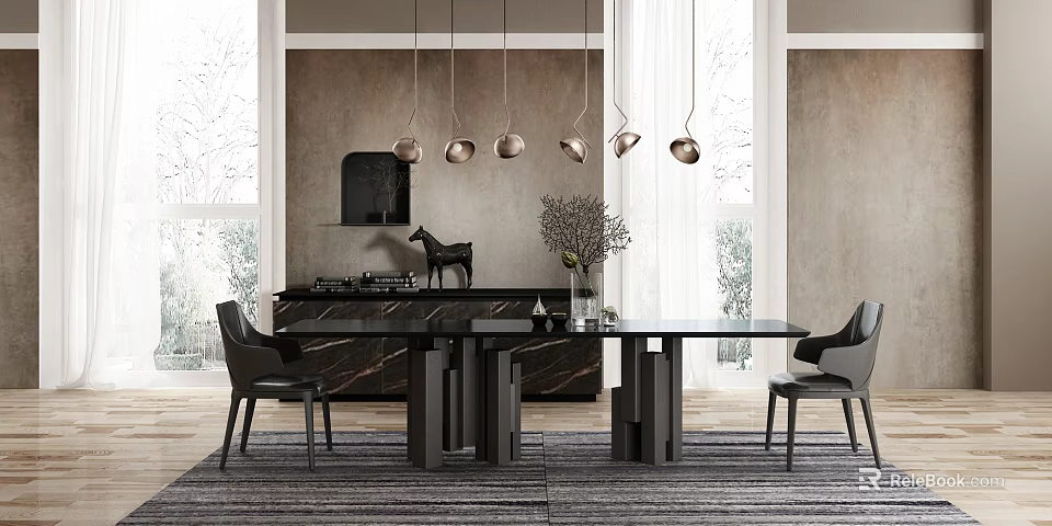 Modern Dining Table Set With Black Chairs Pendant Lights And Kitchen Area Decorations 3d model 