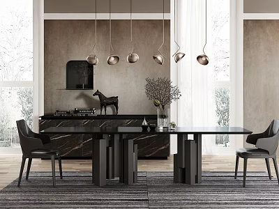 Modern Dining Table Set With Black Chairs Pendant Lights And Kitchen Area Decorations 3d model