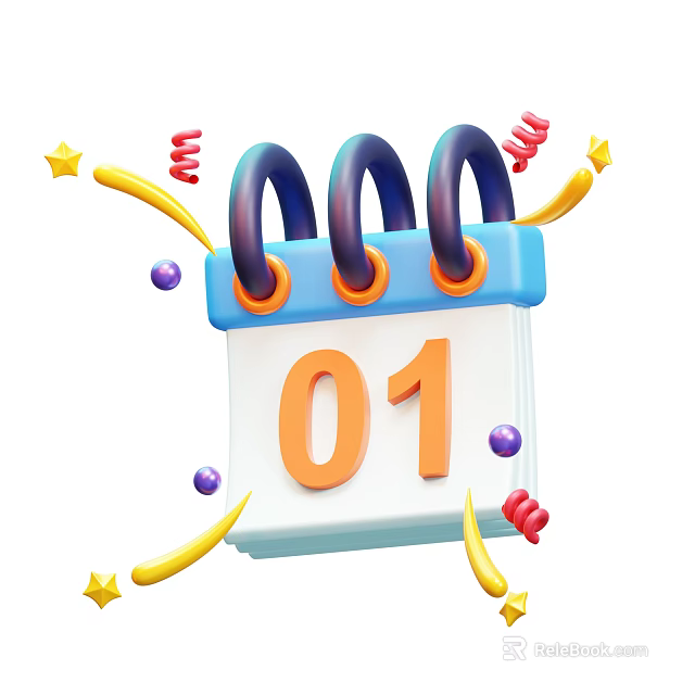 Colorful Daily Calendar With 01th Date And Decorative Stars Spiral Elements For Life Supplies 3d model 