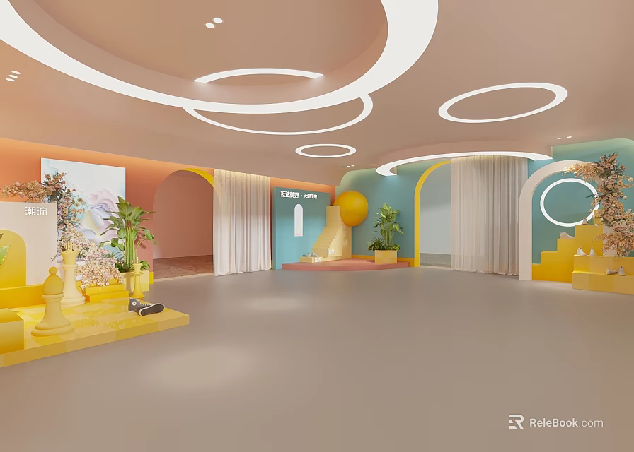 Modern Interior Space with Arched Structures Colorful Walls Circular Ceiling Lights and Potted Plants 3d model 