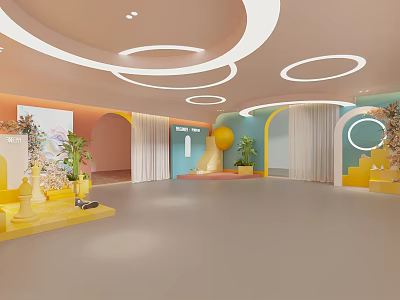 Modern Interior Space with Arched Structures Colorful Walls Circular Ceiling Lights and Potted Plants 3d model