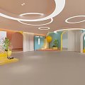 Modern Interior Space with Arched Structures Colorful Walls Circular Ceiling Lights and Potted Plants