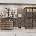 Modern Wooden Console Cabinet And Side Cabinet With Vase Plants Floor Lamp And Decorative Artwork