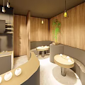 Cozy Cafe Interior Design With Arched Entrance Wooden Counter And Tables