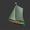 Wooden Sailboat With Green Sail Small Flag And Reflection On Black Surface
