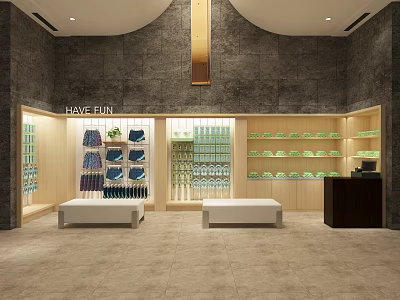 Fun Themed Clothing Store Interior With Wooden Shelves White Benches And Arched Ceiling 3d model