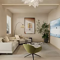 Modern Living Dining Room Interior With White Sofa Green Accent Chair And Decorative Artwork