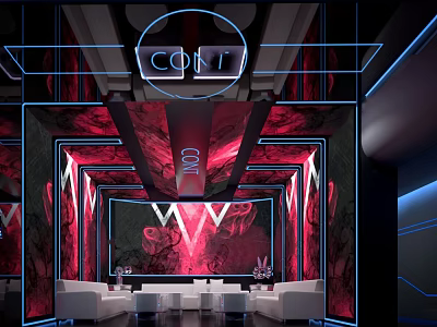 Modern KTV Interior with Neon Lights Red Black Decor and White Sofas Design 3d model