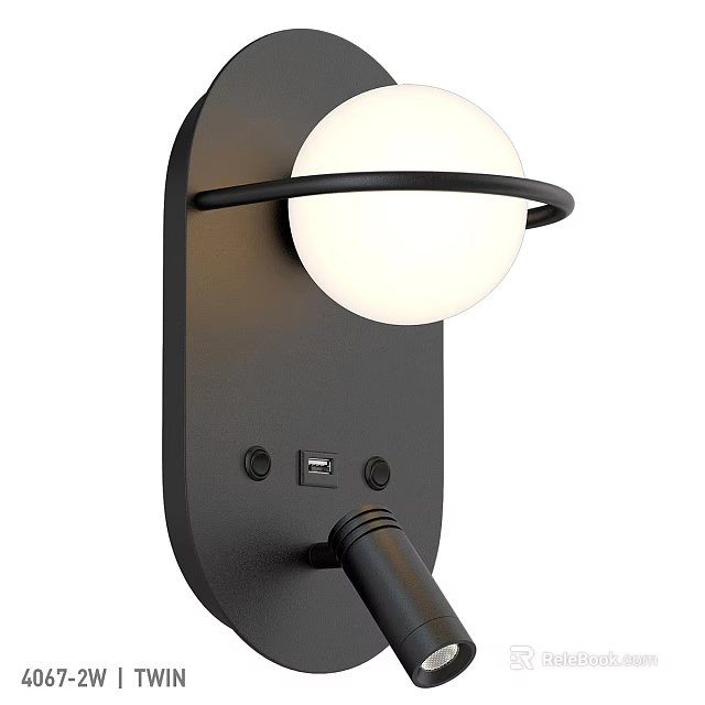 Stylish Modern Wall Lamp Featuring Spherical White Shade Black Base Circular Ring And USB Port 3d model 