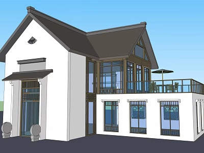 White Exterior Detached Villa With Dark Roof Large Glass Windows Balcony And Stone Lion Decorations 3d model