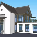 White Exterior Detached Villa With Dark Roof Large Glass Windows Balcony And Stone Lion Decorations