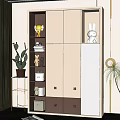Modern White And Pink Wardrobe With Multiple Doors Drawers Decorative Rabbit Doll And Potted Plants