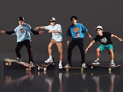 Four Men Skateboarding With Dynamic Poses In Casual Outfits Against Gray Background 3d model