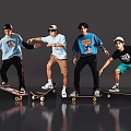 Four Men Skateboarding With Dynamic Poses In Casual Outfits Against Gray Background