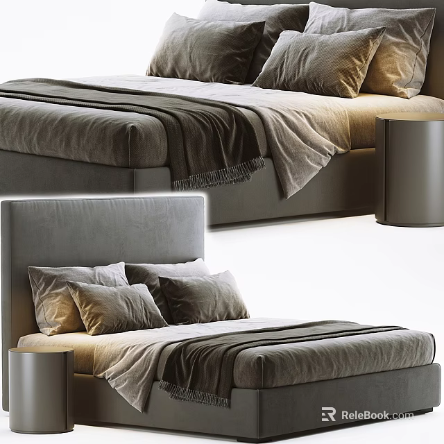 Modern Gray Double Bed With Multiple Pillows Throw Blanket And Nightstand 3d model