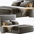 Modern Gray Double Bed With Multiple Pillows Throw Blanket And Nightstand 3d model