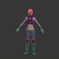 Woman With White Hair Wearing Mask Purple Top Black Gloves Blue Jeans And Black Boots